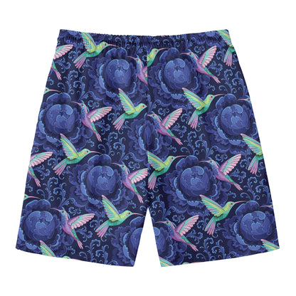 Dark Blue Floral Hummingbird Print Men's Swim Trunks