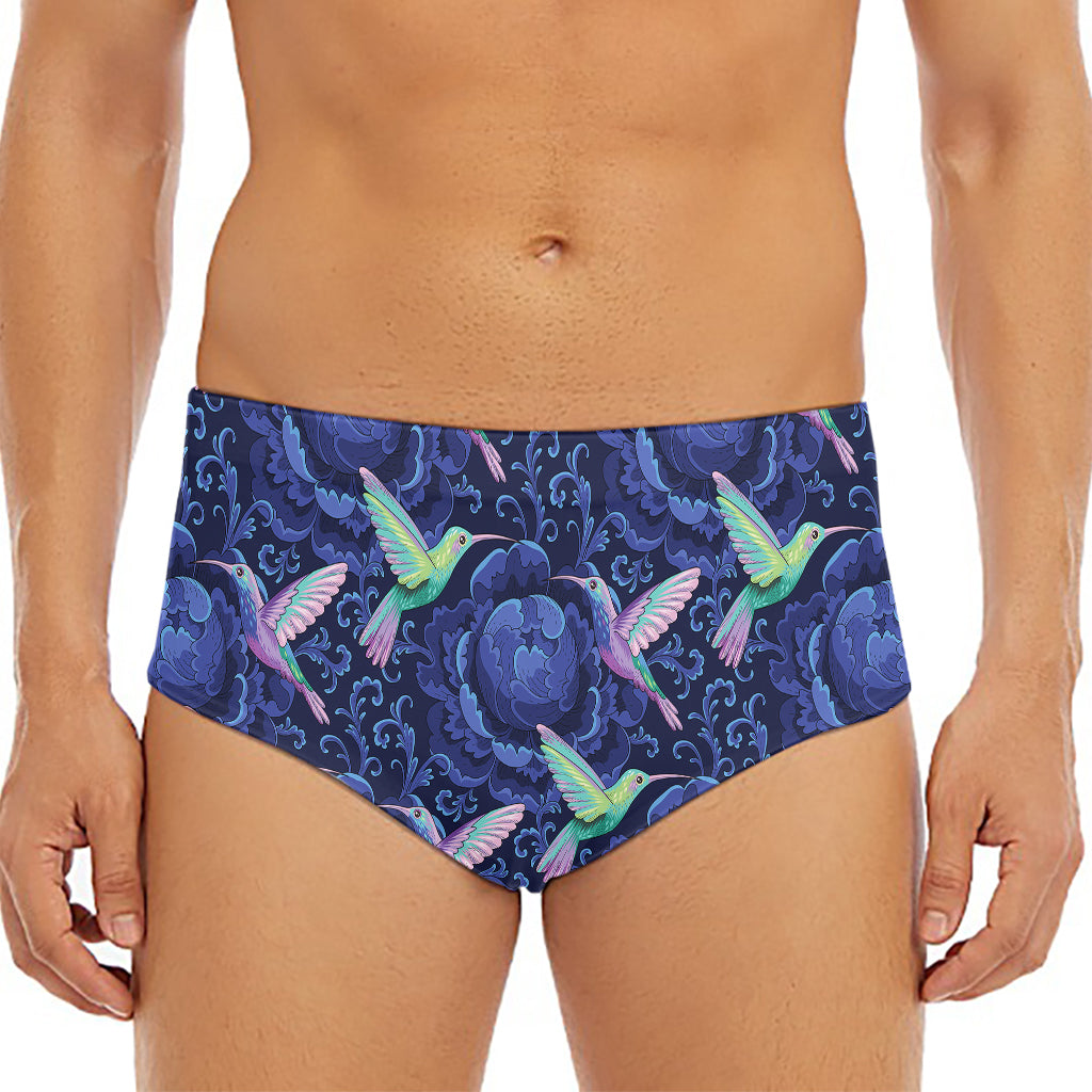 Dark Blue Floral Hummingbird Print Men's Triangle Swim Briefs