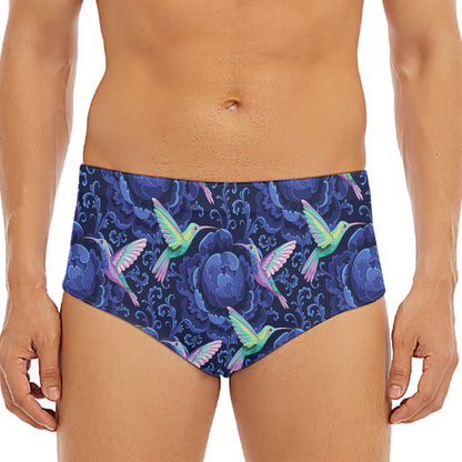 Dark Blue Floral Hummingbird Print Men's Triangle Swim Briefs