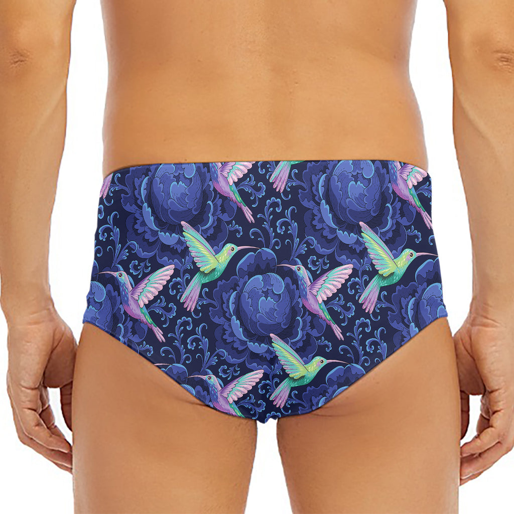 Dark Blue Floral Hummingbird Print Men's Triangle Swim Briefs