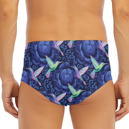 Dark Blue Floral Hummingbird Print Men's Triangle Swim Briefs