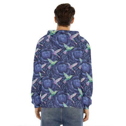 Dark Blue Floral Hummingbird Print Men's Velvet Pullover Hoodie