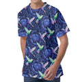 Dark Blue Floral Hummingbird Print Men's Velvet T-Shirt