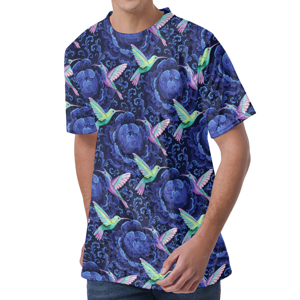 Dark Blue Floral Hummingbird Print Men's Velvet T-Shirt