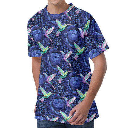 Dark Blue Floral Hummingbird Print Men's Velvet T-Shirt