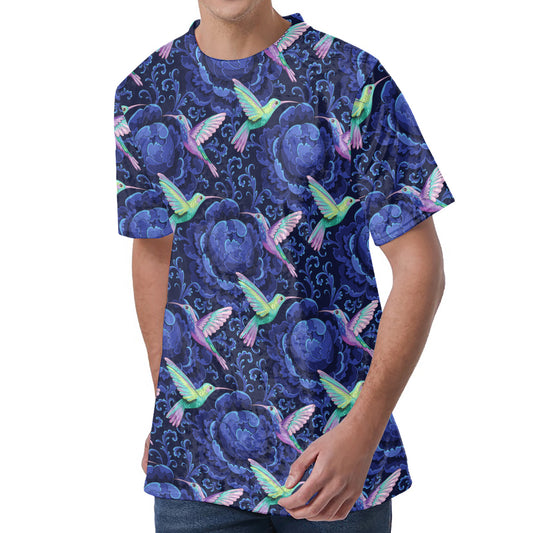 Dark Blue Floral Hummingbird Print Men's Velvet T-Shirt