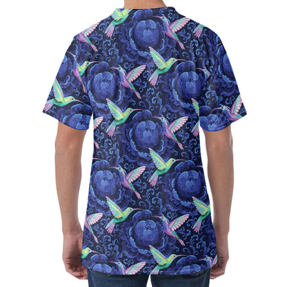 Dark Blue Floral Hummingbird Print Men's Velvet T-Shirt