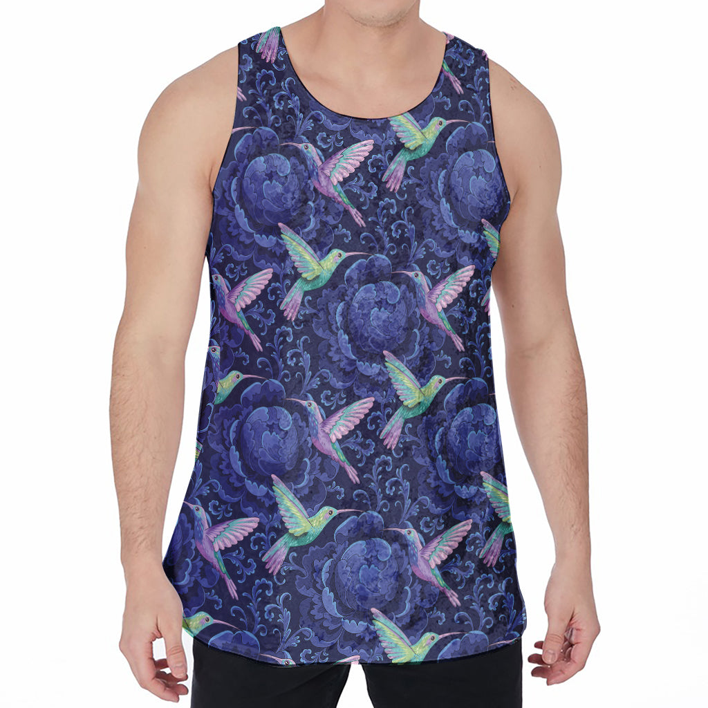 Dark Blue Floral Hummingbird Print Men's Velvet Tank Top