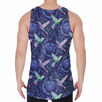Dark Blue Floral Hummingbird Print Men's Velvet Tank Top