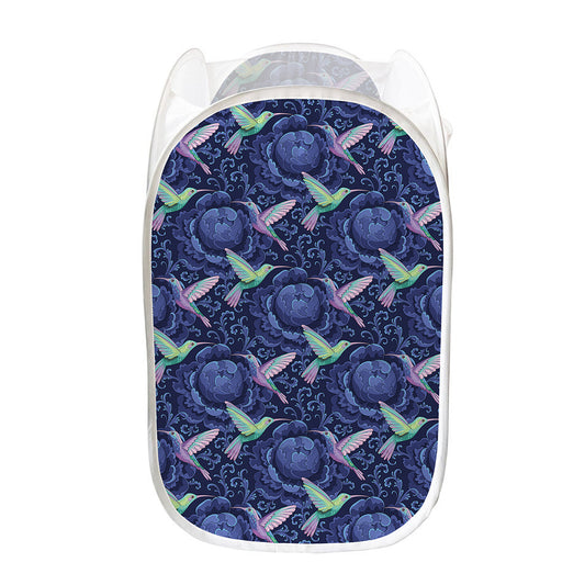 Dark Blue Floral Hummingbird Print Mesh Laundry Hamper
