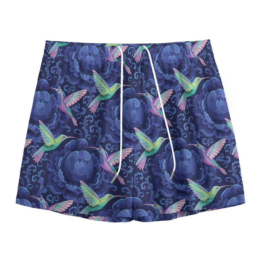 Dark Blue Floral Hummingbird Print Mesh Shorts