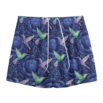 Dark Blue Floral Hummingbird Print Mesh Shorts