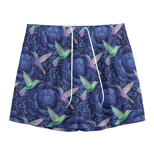 Dark Blue Floral Hummingbird Print Mesh Shorts