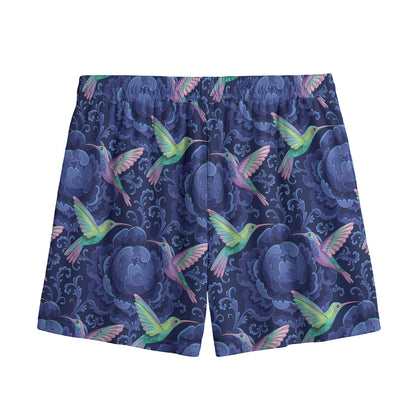 Dark Blue Floral Hummingbird Print Mesh Shorts