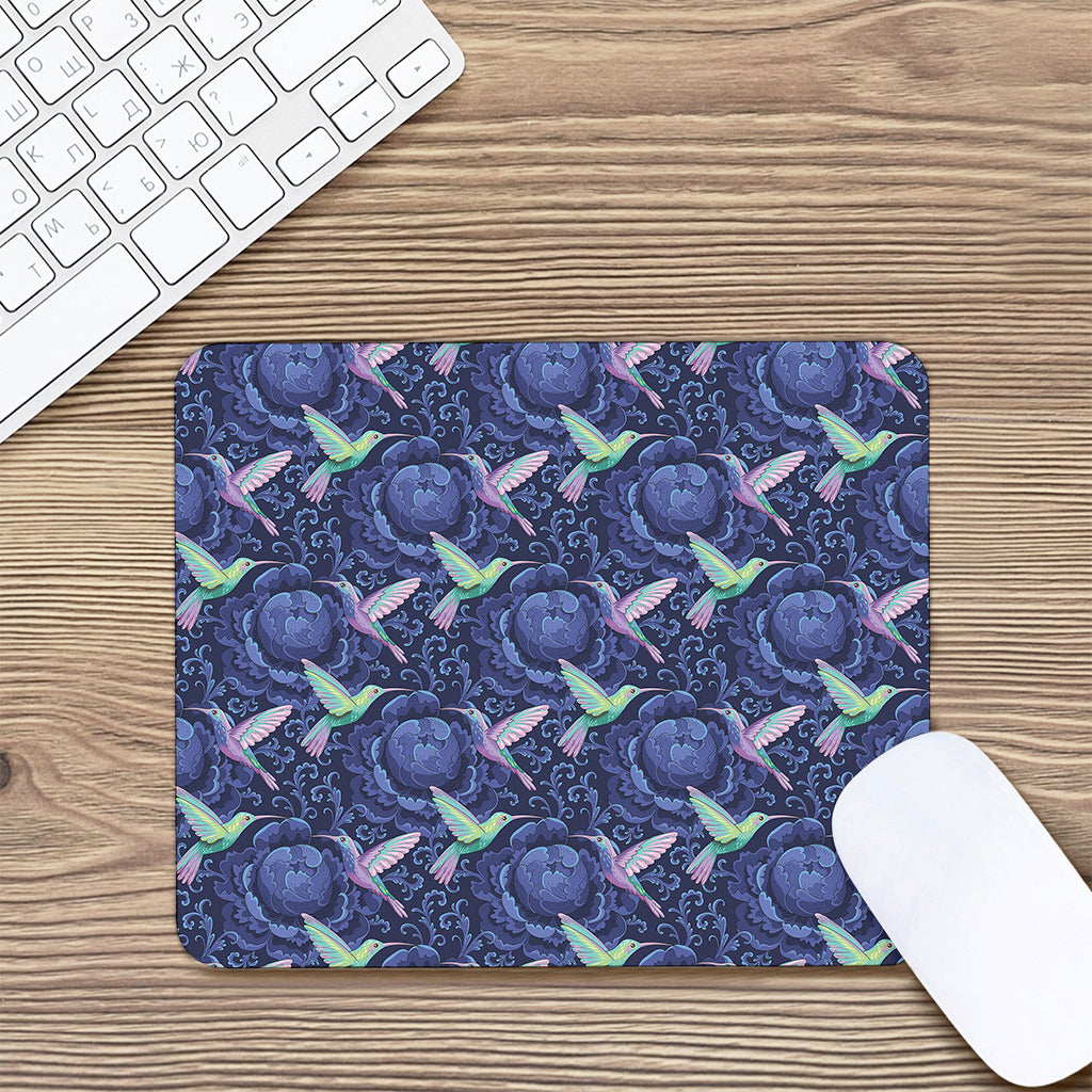 Dark Blue Floral Hummingbird Print Mouse Pad