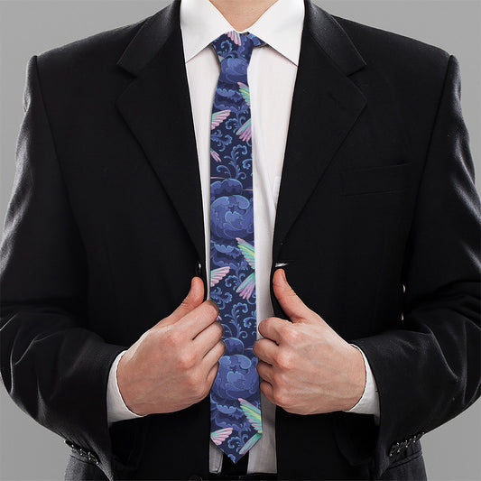 Dark Blue Floral Hummingbird Print Necktie
