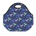 Dark Blue Floral Hummingbird Print Neoprene Lunch Bag