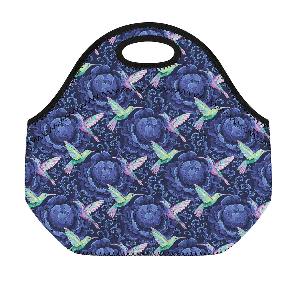 Dark Blue Floral Hummingbird Print Neoprene Lunch Bag