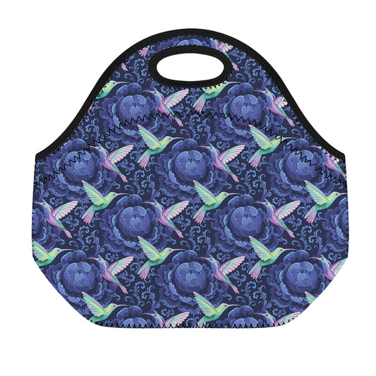 Dark Blue Floral Hummingbird Print Neoprene Lunch Bag