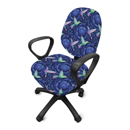 Dark Blue Floral Hummingbird Print Office Chair Cover