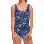 Dark Blue Floral Hummingbird Print One Piece Swimsuit