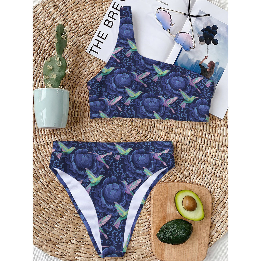 Dark Blue Floral Hummingbird Print One Shoulder Bikini Top