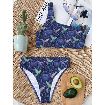 Dark Blue Floral Hummingbird Print One Shoulder Bikini Top