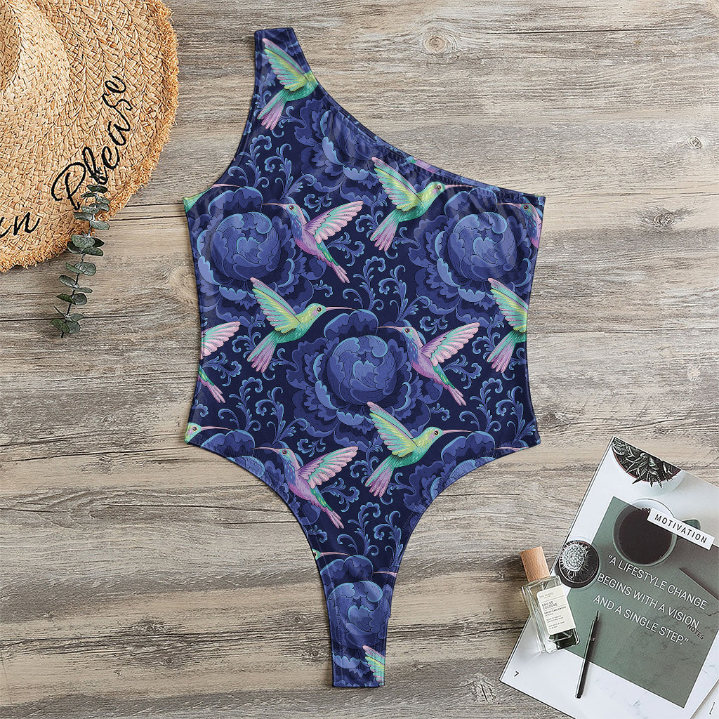 Dark Blue Floral Hummingbird Print One Shoulder Bodysuit