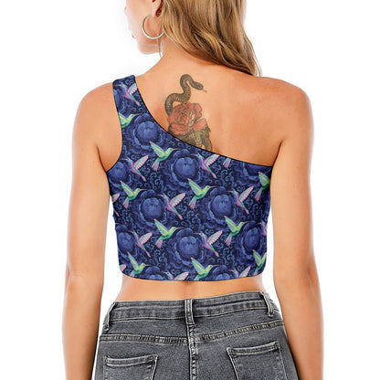 Dark Blue Floral Hummingbird Print One Shoulder Crop Top