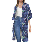 Dark Blue Floral Hummingbird Print Open Front Beach Cover Up