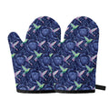 Dark Blue Floral Hummingbird Print Oven Mitts