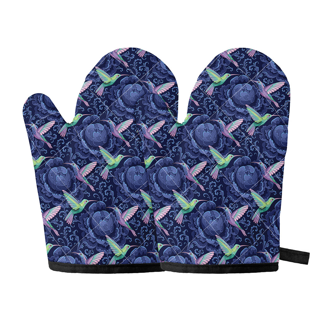 Dark Blue Floral Hummingbird Print Oven Mitts