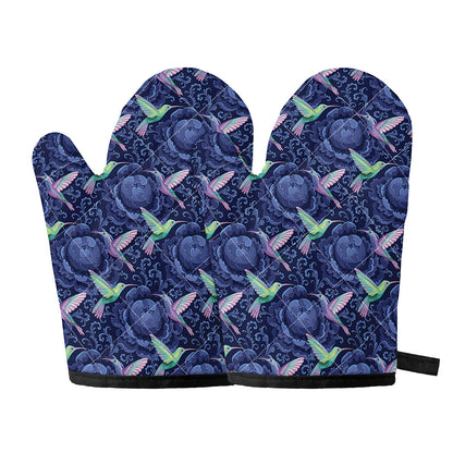 Dark Blue Floral Hummingbird Print Oven Mitts