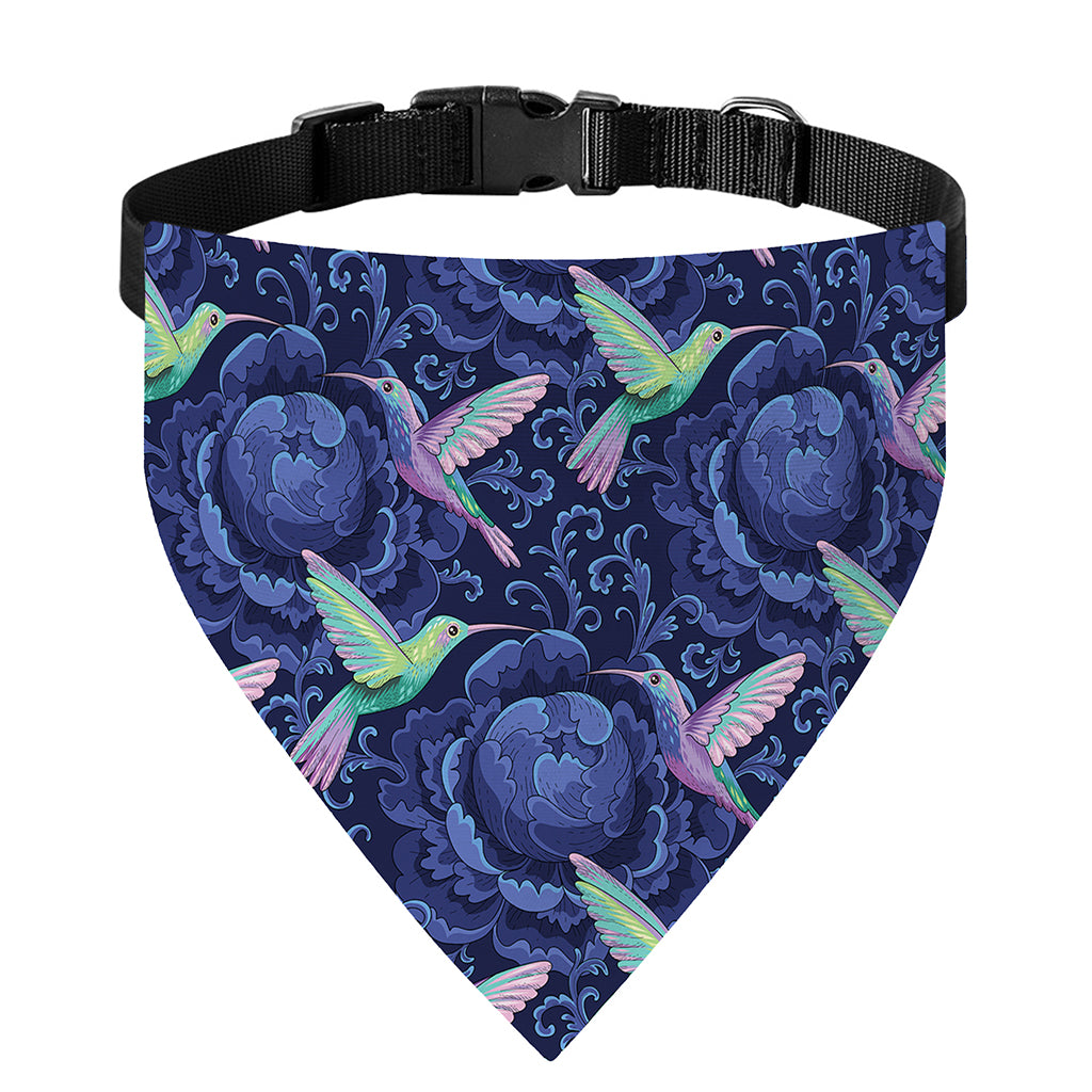 Dark Blue Floral Hummingbird Print Over The Collar Dog Bandana