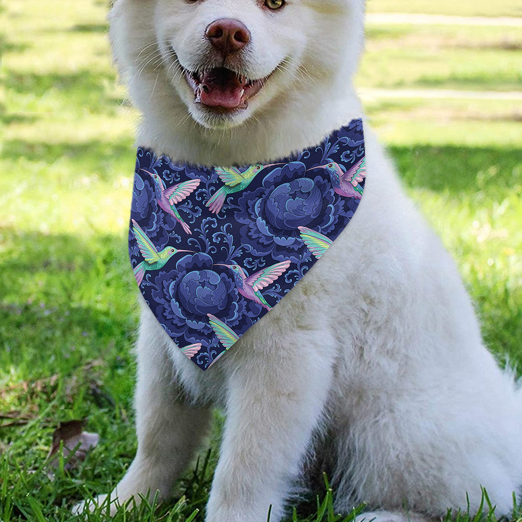 Dark Blue Floral Hummingbird Print Over The Collar Dog Bandana
