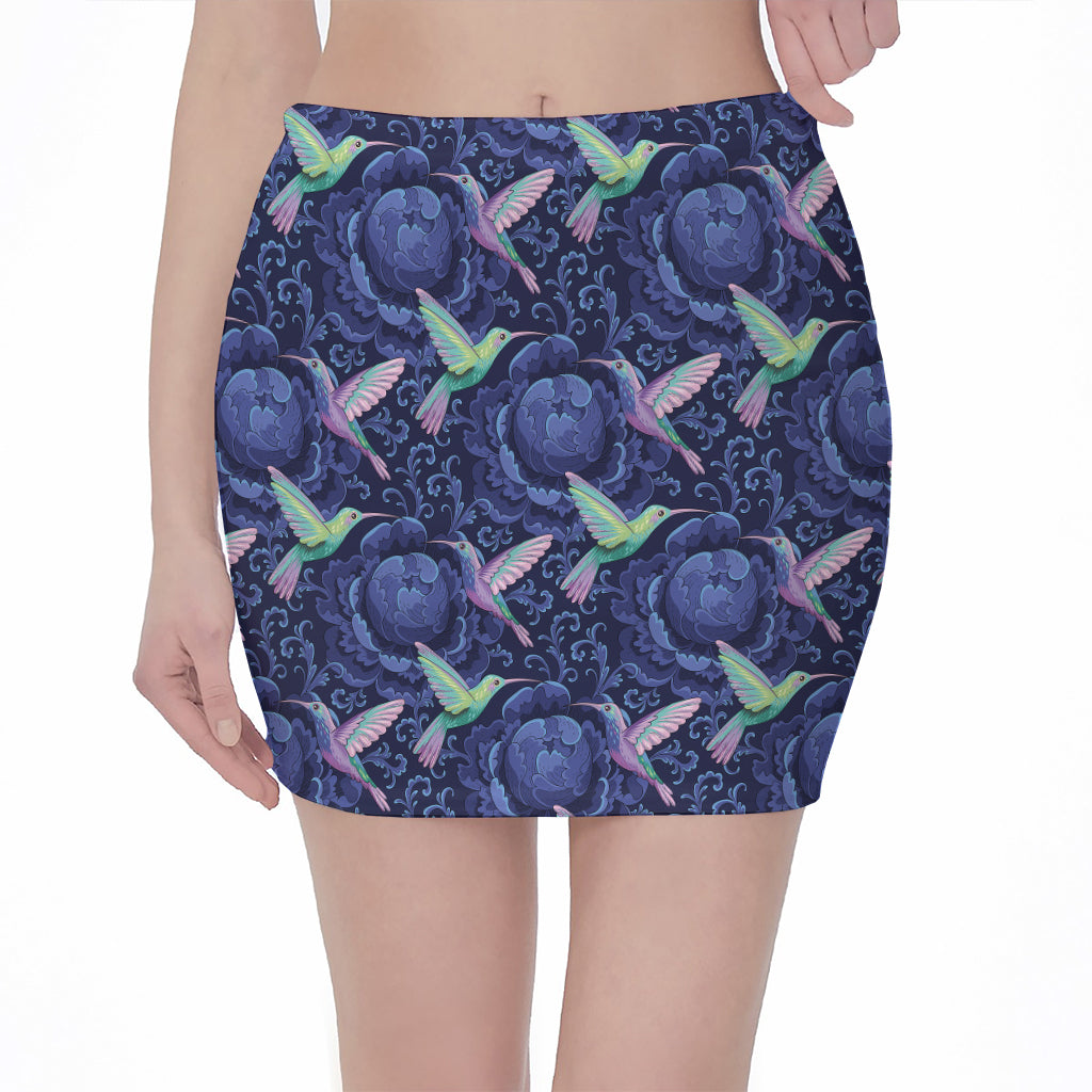 Dark Blue Floral Hummingbird Print Pencil Mini Skirt