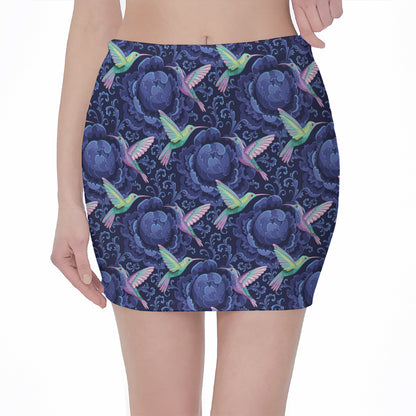 Dark Blue Floral Hummingbird Print Pencil Mini Skirt