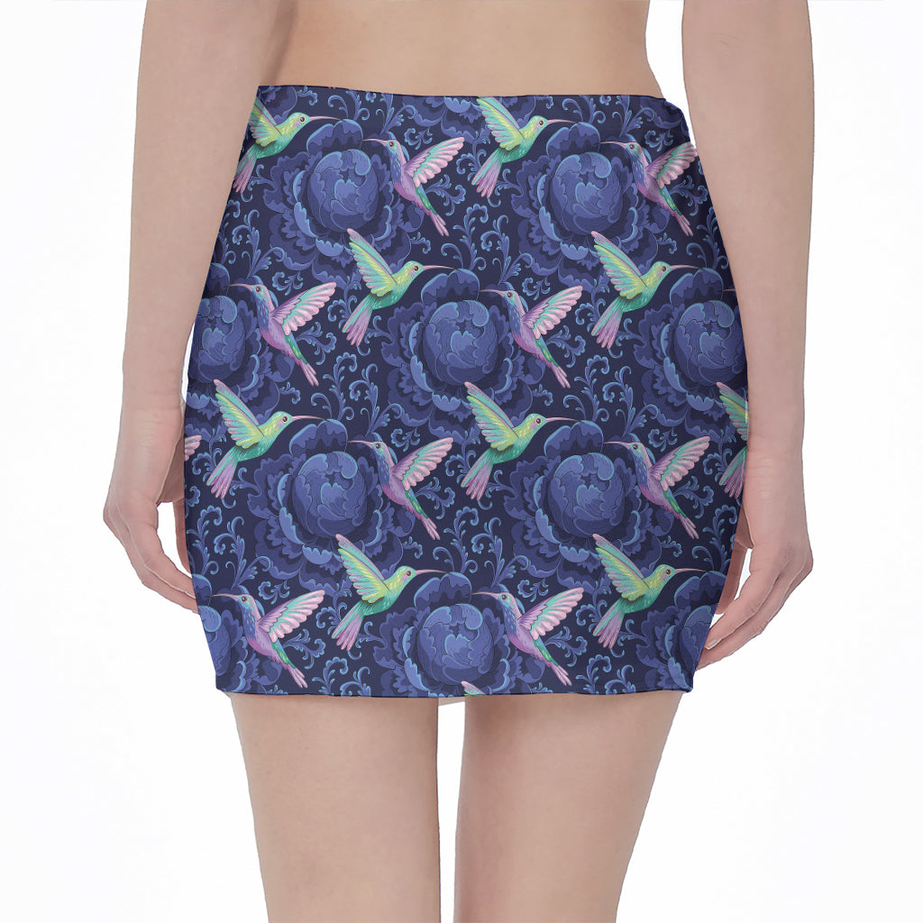 Dark Blue Floral Hummingbird Print Pencil Mini Skirt