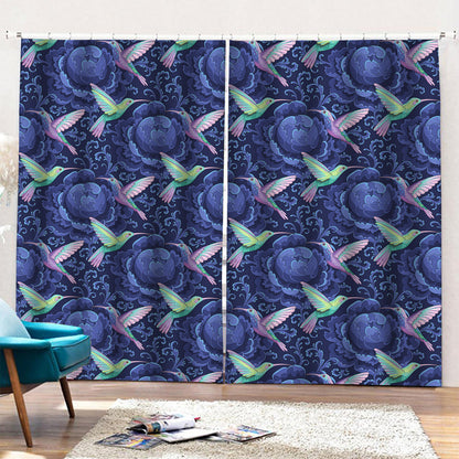 Dark Blue Floral Hummingbird Print Pencil Pleat Curtains
