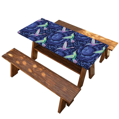 Dark Blue Floral Hummingbird Print Picnic Table Cover