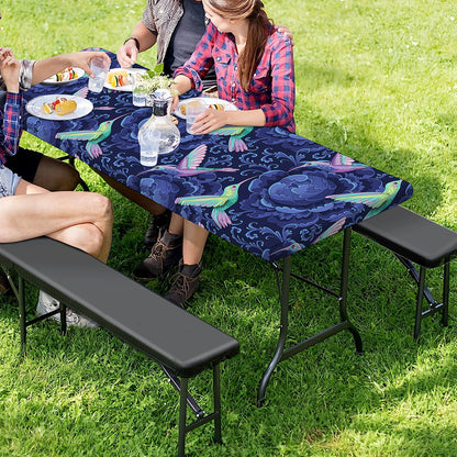 Dark Blue Floral Hummingbird Print Picnic Table Cover