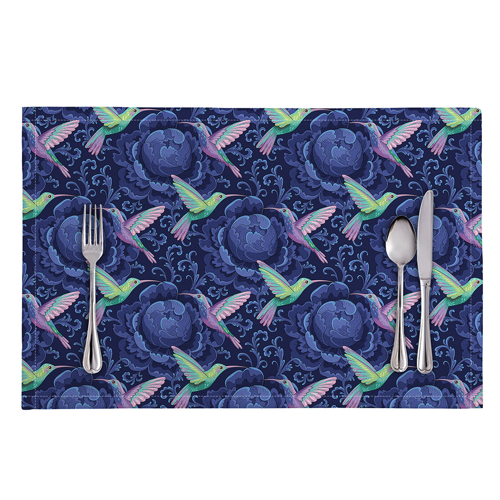 Dark Blue Floral Hummingbird Print Placemat