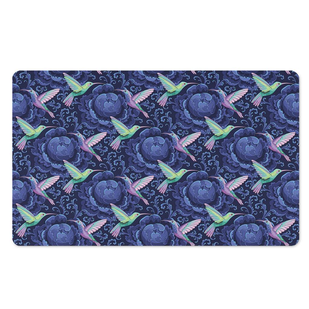 Dark Blue Floral Hummingbird Print Polyester Doormat