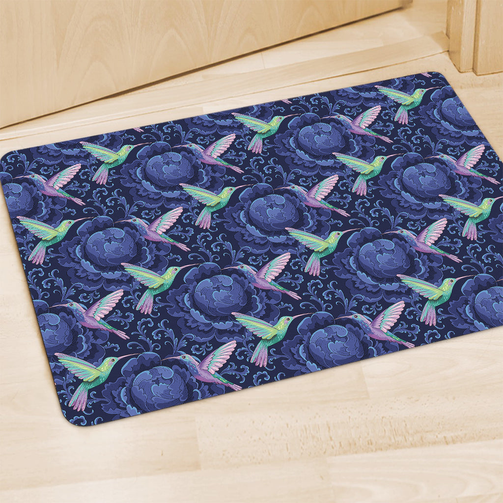Dark Blue Floral Hummingbird Print Polyester Doormat