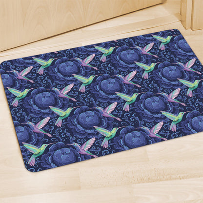 Dark Blue Floral Hummingbird Print Polyester Doormat