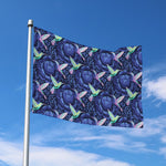 Dark Blue Floral Hummingbird Print Polyester Flag