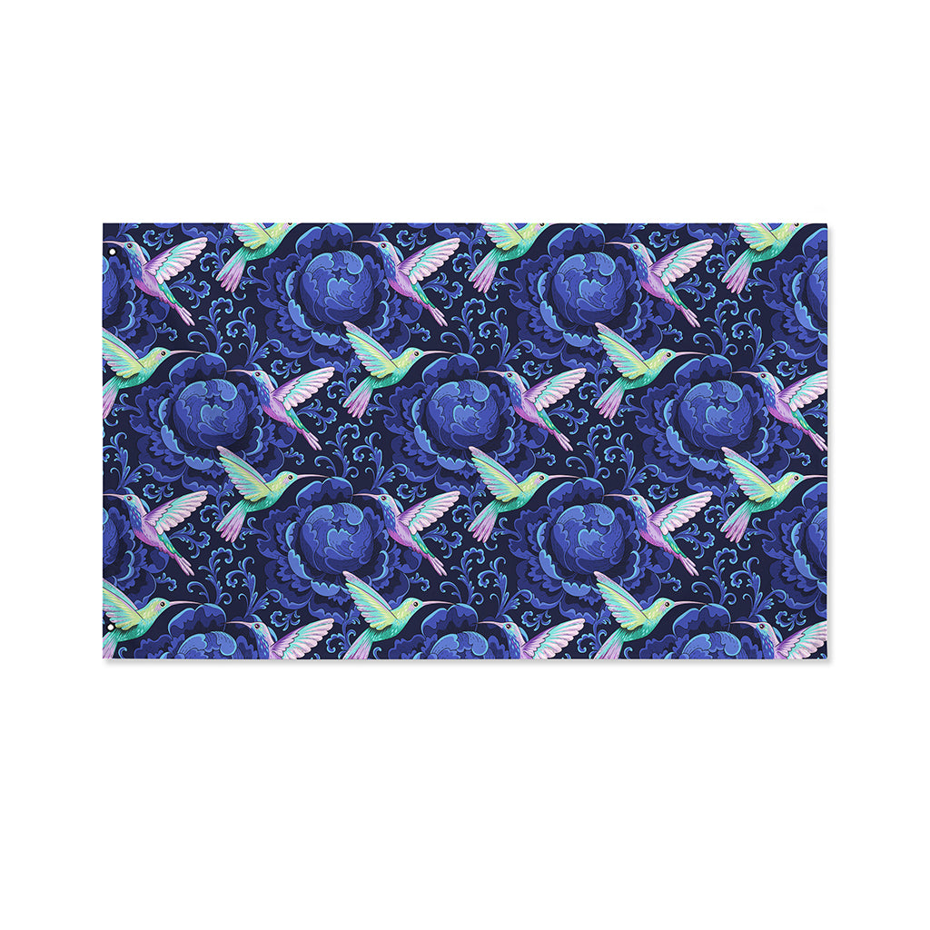 Dark Blue Floral Hummingbird Print Polyester Flag