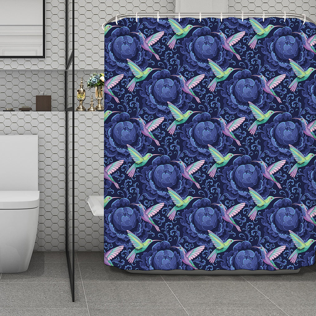 Dark Blue Floral Hummingbird Print Polyester Shower Curtain