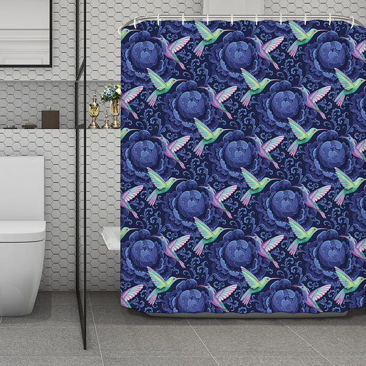 Dark Blue Floral Hummingbird Print Polyester Shower Curtain