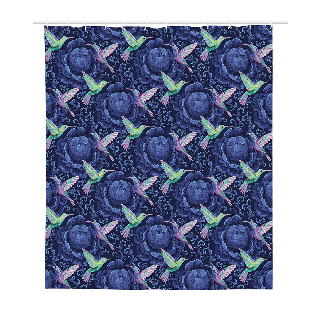 Dark Blue Floral Hummingbird Print Polyester Shower Curtain